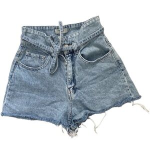 Forever 21 Paper Bag High Waist Denim Jean Shorts Belted Size 25 Cut‎ off